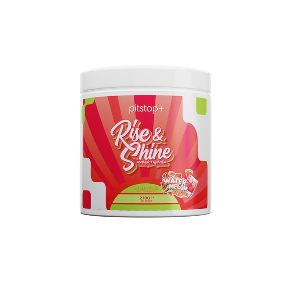 Pitstop+ Rise & Shine nootropic and hydration drink in Watermelon Refresher, 30 servings 210g tub with red and green sunburst label