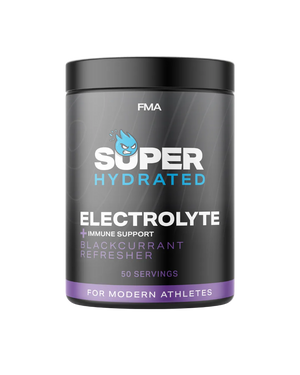 FMA Super Hydrated electrolyte and immune support drink in Blackcurrant Refresher, 50 servings black tub