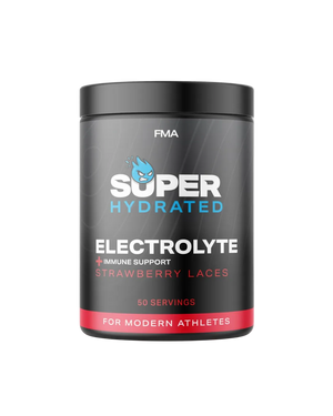FMA Super Hydrated electrolyte and immune support drink in Strawberry Laces, 50 servings black tub