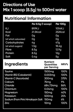 FMA Super Hydrated nutritional panel showing electrolytes per 8.5g scoop including 500mg potassium, 150mg magnesium, 1500mg taurine, vitamin C and zinc.