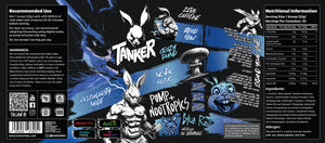 Tanker Pump-Action Blue Raz label showing nutritional panel with 8g citrulline, HydroPrime glycerol and zero caffeine per 22g scoop