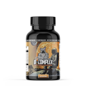 A black plastic bottle of  Engineered Muscle B-Complex dietary supplement with a black cap, set against a plain white background. The label features a graphic of a muscular dog wearing an astronaut suit against a fiery orange and yellow space background.