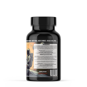 The back of  Engineered Muscel B-Complex bottle with a black cap, featuring a detailed ingredients panel with text and an astronaut illustration, on a white background.