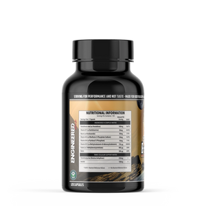 A black plastic bottle of Engineered Muscle B-Complex supplement with a black cap, showing the back label with nutritional information on a white background.