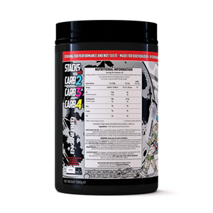 Engineered Muscle Cyclic Dextrin label showing 24.5g carbohydrates per 25g serving, 100% highly branched cyclic dextrin, 40 servings per 1kg tub