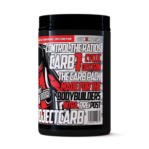 Engineered Muscle Cyclic Dextrin tub rear showing Carb 1 of the Project Carb range, for intra, pre and post-workout use