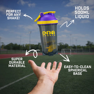 DNA Sports Premium Bullet Shaker 500ml floating above an open hand on a sports field, highlighting key features: holds 500ml liquid, super durable material, easy-to-clean spherical base, and perfect for any shake.