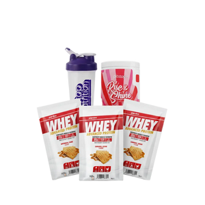 Three single serving samples of Per4m Whey Advanced Protein, a shaker bottle, and a tub of Pitstop+ Rise & Shine. 