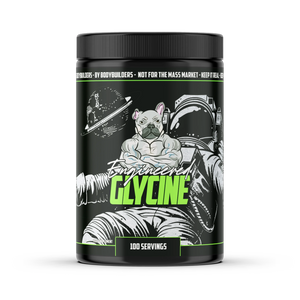 Engineered Muscle Glycine unflavoured amino acid powder, 100 servings black tub with astronaut label design
