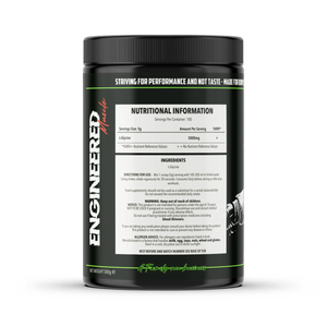 Engineered Muscle Glycine label showing 5000mg L-glycine per 5g serving, single-ingredient, 100 servings per 500g tub