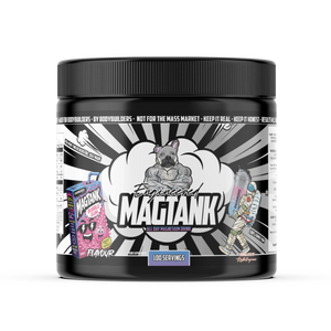 Engineered Muscle Magtank all day magnesium drink in Bubble Gum flavour, 100 servings black tub with comic-style label