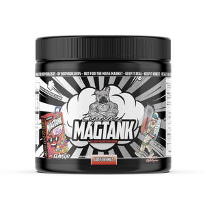 Engineered Muscle Magtank all day magnesium drink in Candy Craze flavour, 100 servings black tub with comic-style label