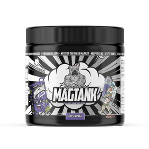 Engineered Muscle Magtank all day magnesium drink in Grape flavour, 100 servings black tub with comic-style label