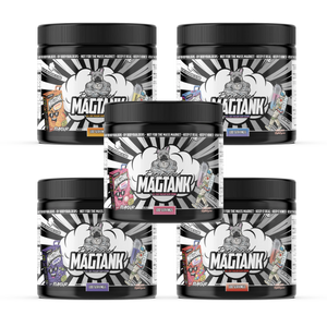 All five flavours of Engineered Muscle Magtank magnesium drink: Orange Mango, Sweet Lychee, Bubble Gum, Grape and Candy Craze.