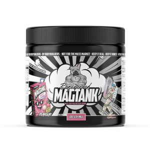 Engineered Muscle Magtank all day magnesium drink in Sweet Lychee flavour, 100 servings black tub with comic-style label