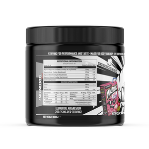 Engineered Muscle Magtank nutritional panel showing 200.35mg elemental magnesium per 4g serving with taurine, glycine and vitamin B6