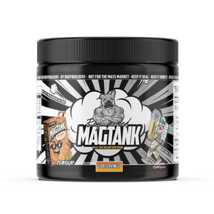 Engineered Muscle Magtank all day magnesium drink in Orange Mango flavour, 100 servings black tub with comic-style label