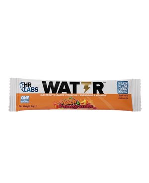 A single HR Labs WATTR stick in Peach and Pomegranate flavour, wrapped in a white and orange package, displayed on a reflective white surface.