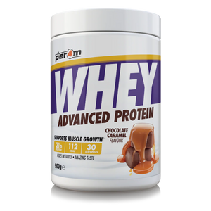 A 900g tub of Per4m Whey Advanced Protein in Chocolate Caramel Flavour, featuring a white container with a purple and yellow label.