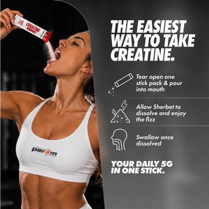 Athlete pouring a Per4m Creatine Sherbet stick into her mouth, showing the three steps: tear, let the sherbet dissolve, swallow