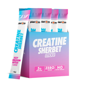 Per4m Creatine Sherbet stick packs in Fizzy Bubblegum Bottles, box of 20 single-serve sticks with 5g creatine each