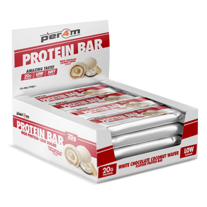 Per4m Protein Bar box of 12 in White Chocolate Coconut Wafer, 62g bars with 20g protein and low sugar