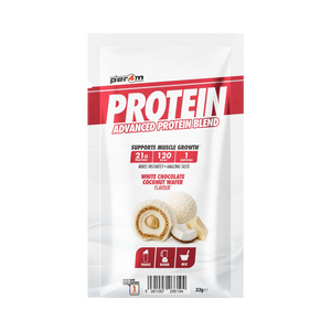 Per4m Advanced Protein sample sachet in White Chocolate Coconut Wafer, 33g single serving with 21g protein