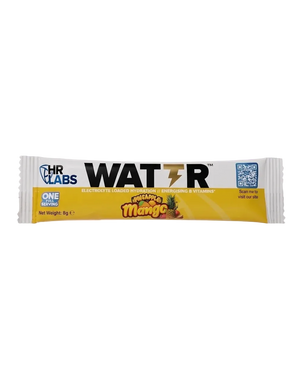 A single HR Labs WATTR energy stick in PineappleMango flavour, wrapped in white and yellow packaging, displayed horizontally on a reflective white surface against a light gray gradient background.