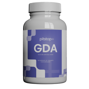 A white plastic supplement bottle with a white ribbed cap and a blue label reading 'pitstop+ GDA' on a plain white background.