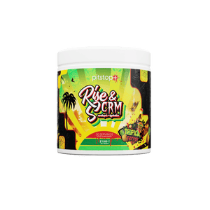 Pitstop+ Rise & SCRM nootropic and hydration drink in Tropical Terror mango pineapple, limited Halloween edition 30 servings 210g tub with tiki design