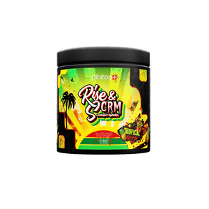 Pitstop+ Rise & SCRM nootropic and hydration drink in Tropical Terror mango pineapple, limited Halloween edition 30 servings 210g tub with tiki design