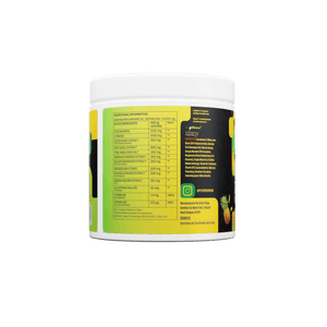 Rise & SCRM Tropical Terror nutritional panel showing CocoMineral 1500mg, Lion’s Mane, Bacopa, Rhodiola and Infinergy di-caffeine malate per 7g serving