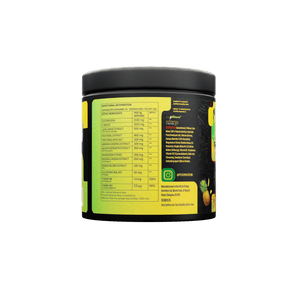 Rise & SCRM Tropical Terror label showing directions for use, one 7g scoop in 350 to 500ml of water, with allergy advice and caffeine warning