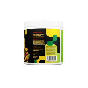 Rise & SCRM Tropical Terror label showing directions for use, one 7g scoop in 350 to 500ml of water, with allergy advice and caffeine warning