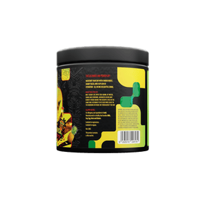 Rise & SCRM Tropical Terror nutritional panel showing CocoMineral 1500mg, Lion’s Mane, Bacopa, Rhodiola and Infinergy di-caffeine malate per 7g serving