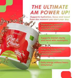 Pitstop+ Rise & Shine Watermelon Refresher tub with a splash, alongside a summary of the electrolyte, nootropic and adaptogen blend
