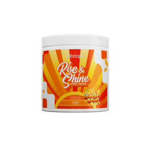 Pitstop+ Rise & Shine nootropic and hydration drink in Orange Burst, 30 servings 210g tub with orange sunburst label