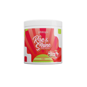 Pitstop+ Rise & Shine nootropic and hydration drink in Watermelon Refresher, 30 servings 210g tub with red and green sunburst label