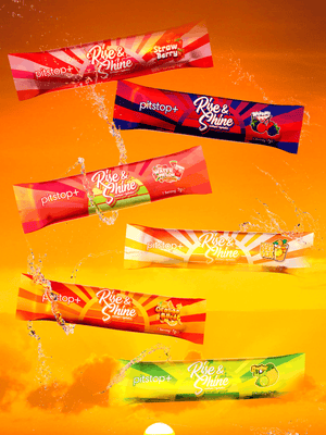 Six flavours of Pitstop+ Rise & Shine single stick packs falling with water splashes: Strawberry, Blackberry & Cherry, Watermelon Refresher, Peach Iced Tea, Orange Burst and Lemon & Lime