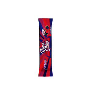 Pitstop+ Rise & Shine nootropic hydration stick pack in Blackberry & Cherry flavour, single 7g serving sachet in red and navy