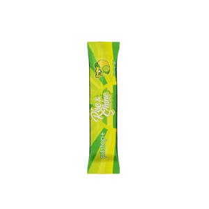 Pitstop+ Rise & Shine nootropic hydration stick pack in Lemon & Lime flavour, single 7g serving sachet in green and yellow