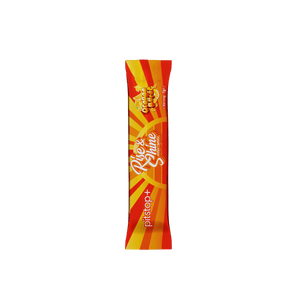 Pitstop+ Rise & Shine nootropic hydration stick pack in Orange Burst flavour, single 7g serving sachet in orange and red sunburst design