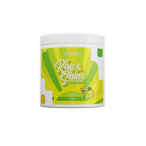 Pitstop+ Rise & Shine nootropic and hydration drink in Lemon & Lime, 30 servings 210g tub with green and yellow sunburst label