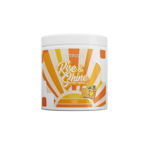Pitstop+ Rise & Shine nootropic and hydration drink in Peach Iced Tea, 30 servings 210g tub with orange sunburst label