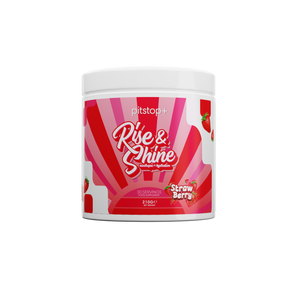 Pitstop+ Rise & Shine nootropic and hydration drink in Strawberry, 30 servings 210g tub with red and pink sunburst label