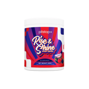 Pitstop+ Rise & Shine nootropic and hydration drink in Blackberry & Cherry, 60 servings 420g tub with red and navy sunburst label