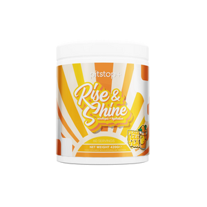 Pitstop+ Rise & Shine nootropic and hydration drink in Peach Iced Tea, 60 servings 420g tub with orange sunburst label