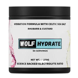 Wolf Hydrate electrolyte powder with Celtic sea salt in Rhubarb & Custard, 60 servings 270g tub