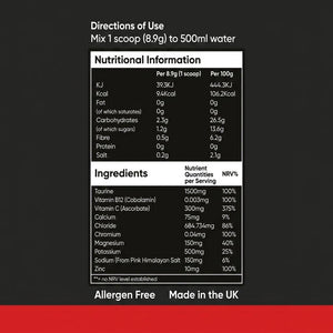 FMA Super Hydrated nutritional panel showing electrolytes per 8.9g scoop including 500mg potassium, 150mg magnesium, 1500mg taurine, vitamin C and zinc
