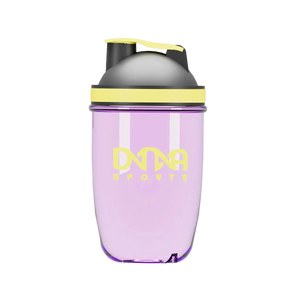 A translucent light purple shaker bottle with a black lid and yellow accents, featuring the 'DNA SPORTS' logo printed in yellow on the front, set against a plain white background.
